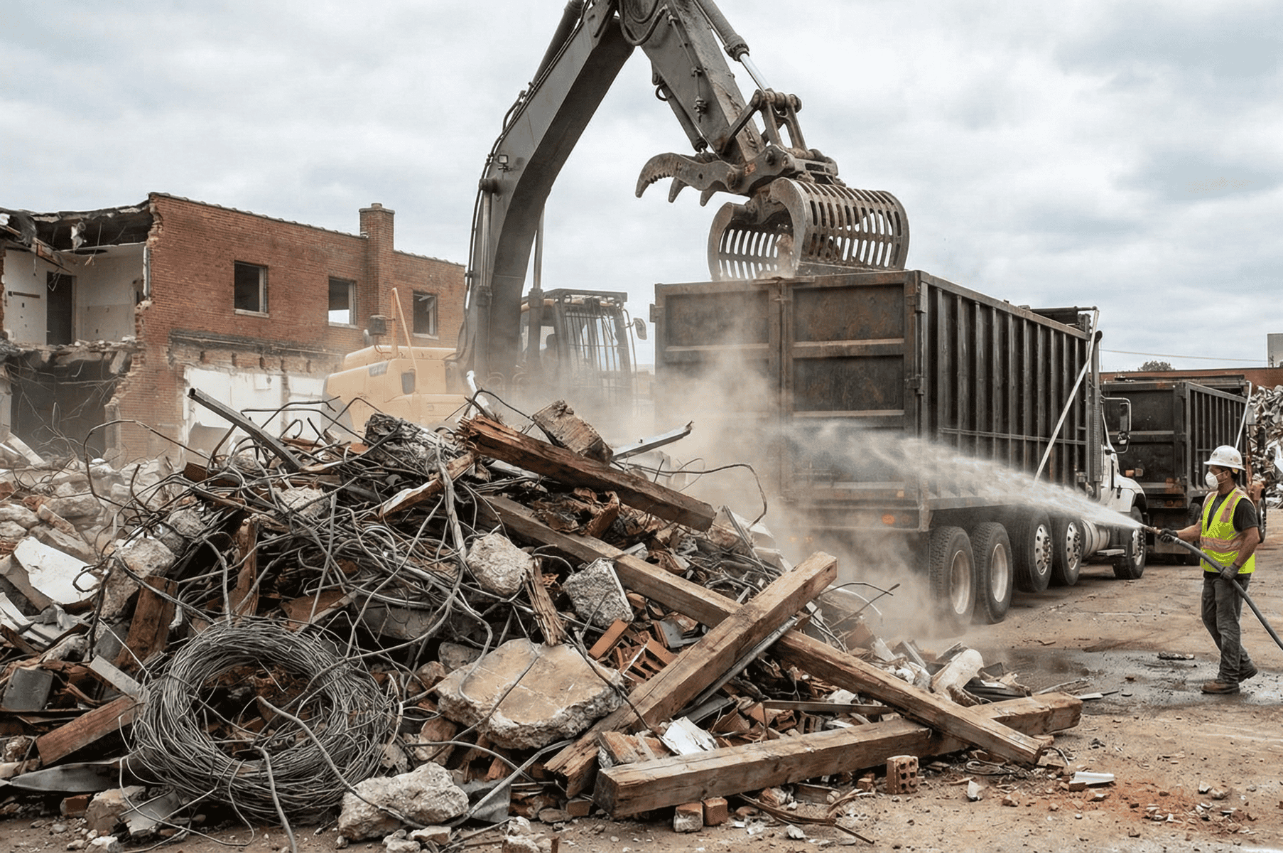 Heavy demolition equipment crushing debris at Hamilton construction site.