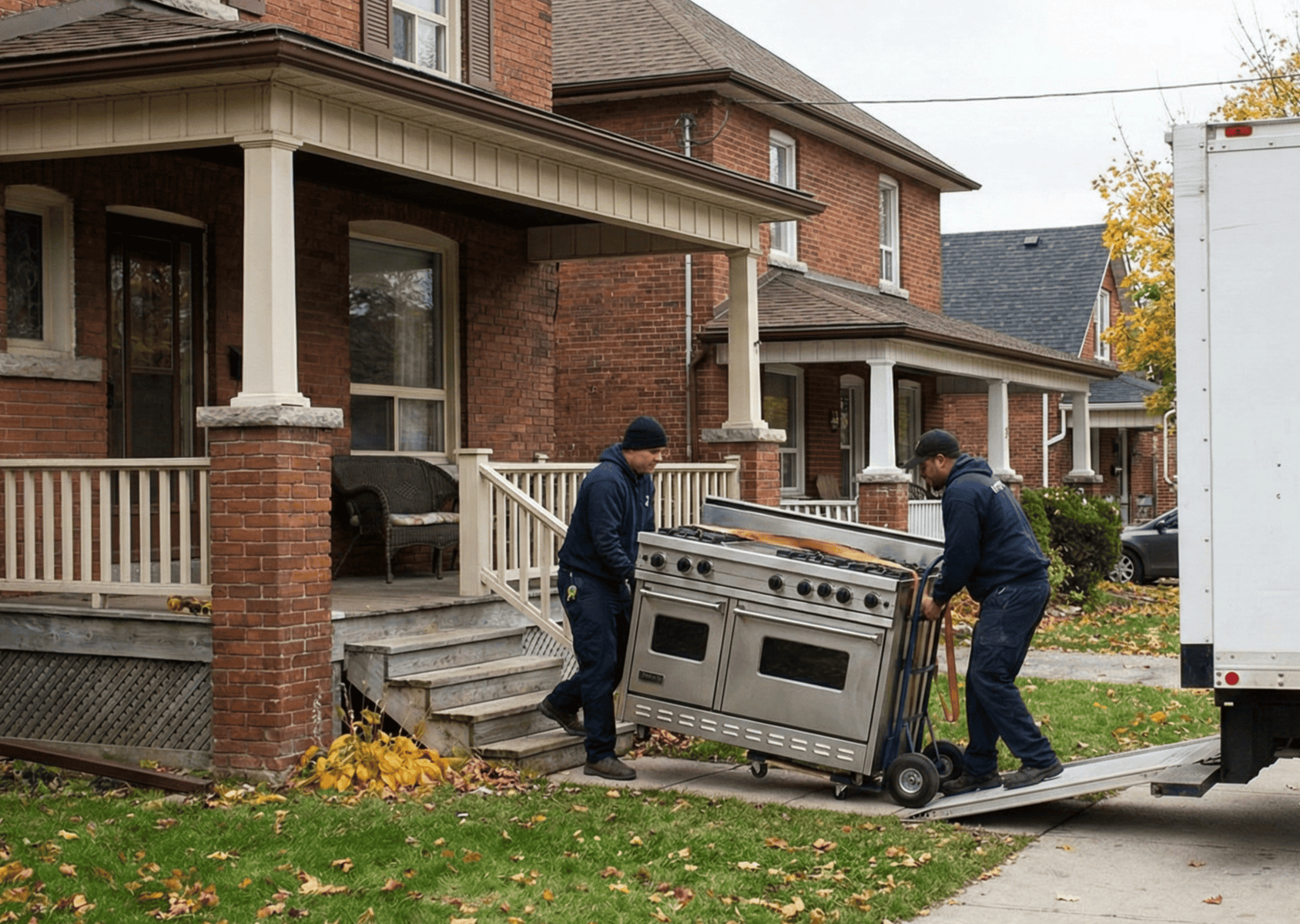 Two workers transporting appliances into a scrap metal truck in Hamilton.