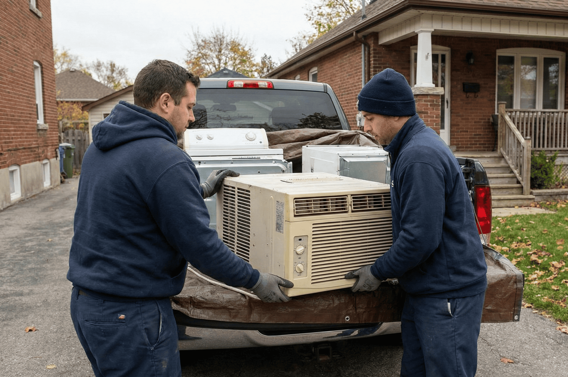 Two men loading vintage air conditioner into truck bed.