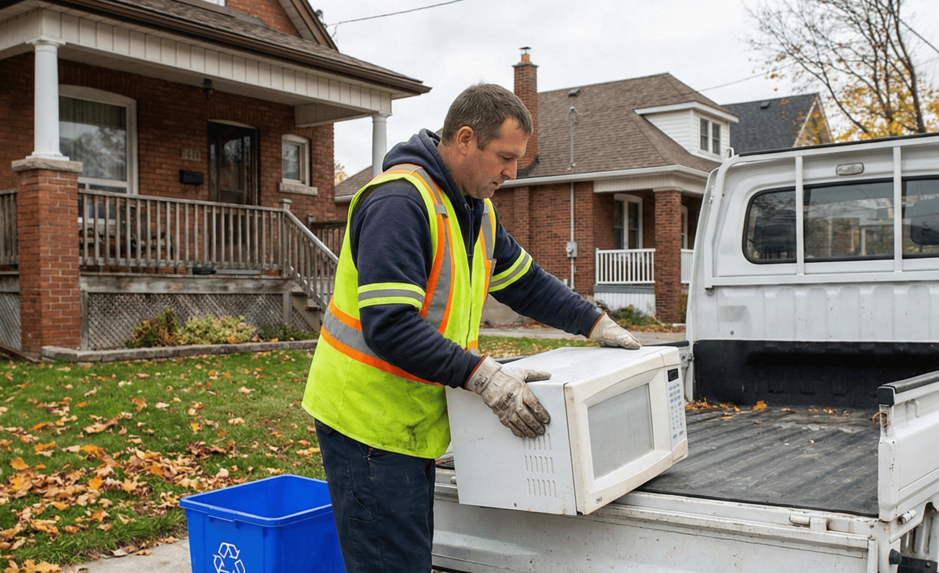 Man loading microwave into truck for scrap metal recycling in Hamilton.