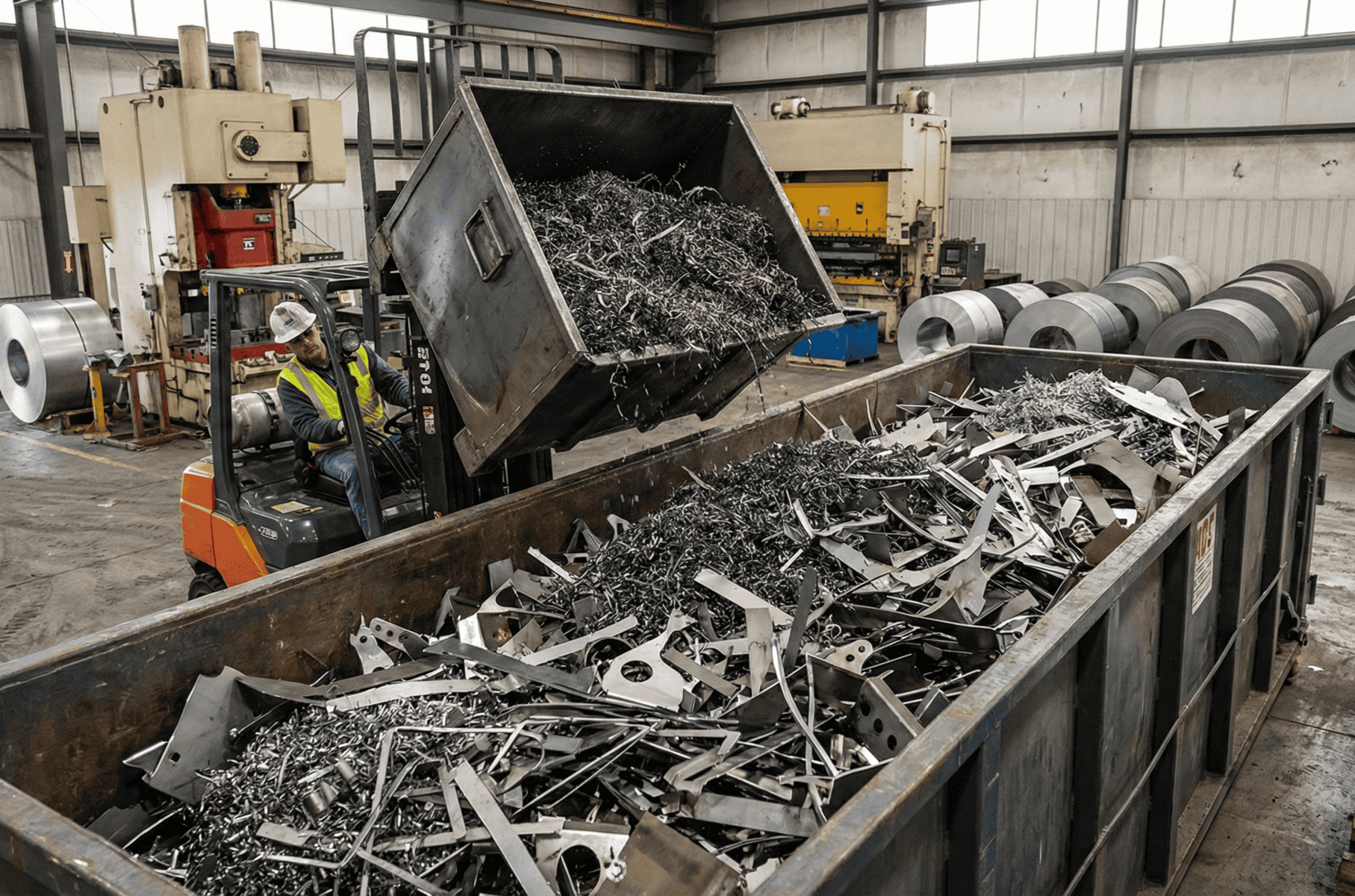 Heavy machinery sorting scrap metals in industrial plant.