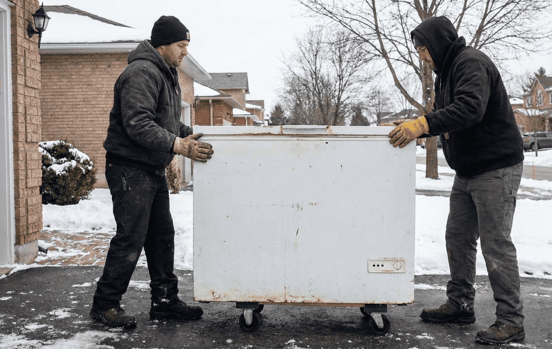 Alt text: Two men lifting a rusty freezer outside in snowy weather, professional scrap metal removal Hamilton, ON.