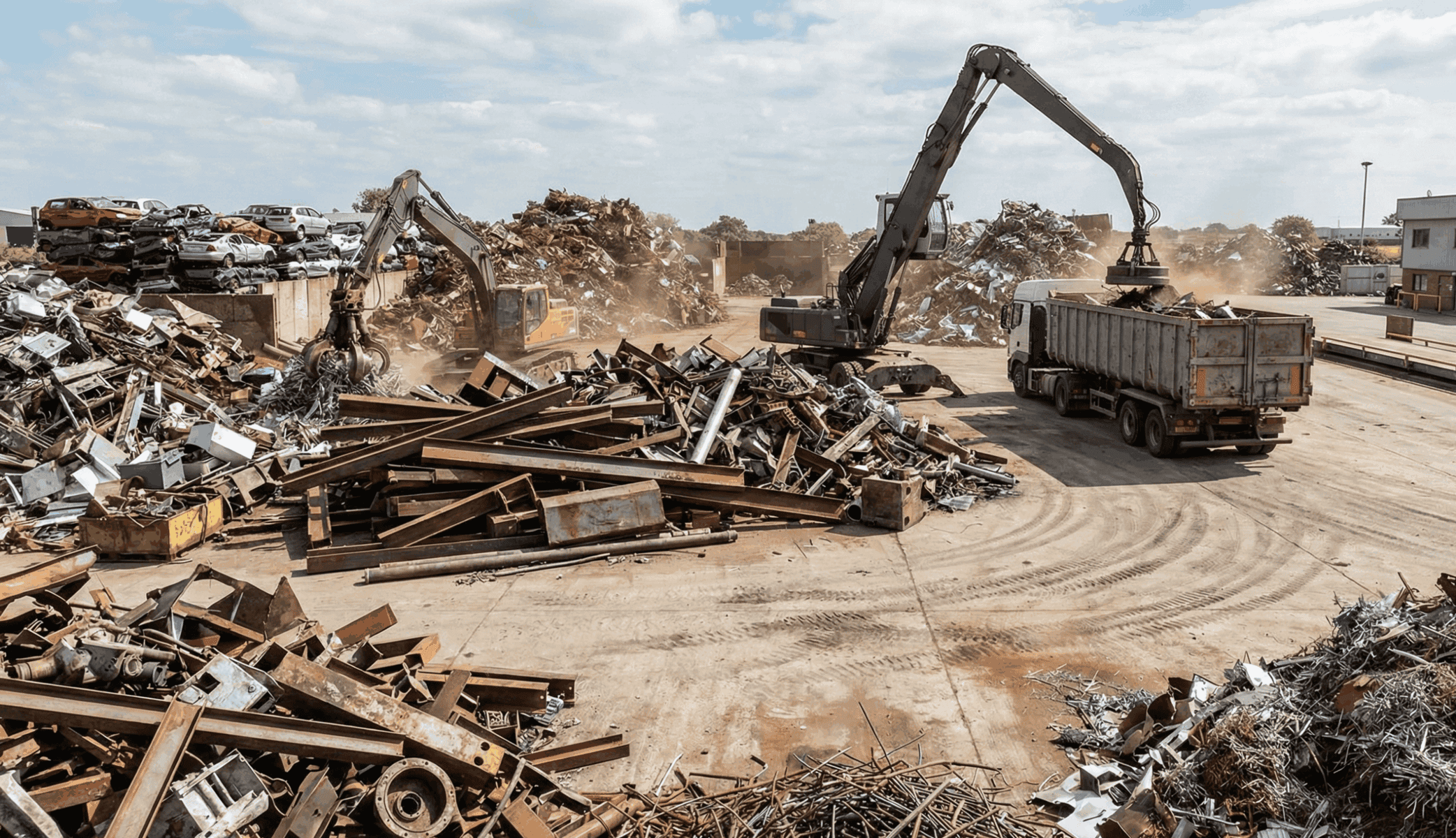 High-res image of metal scrap recycling, shredding, and removal process with excavators and trucks.