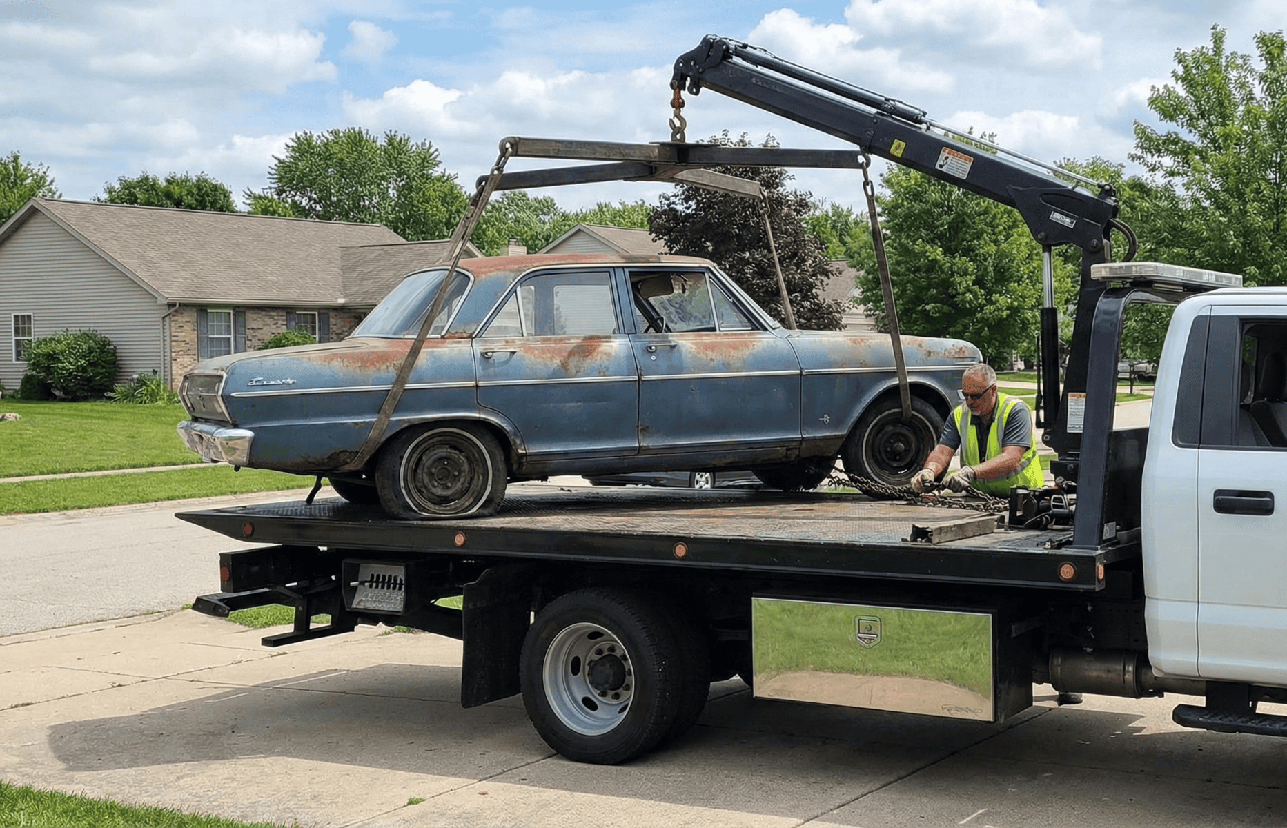 Old rusty car being loaded onto tow truck in Hamilton.