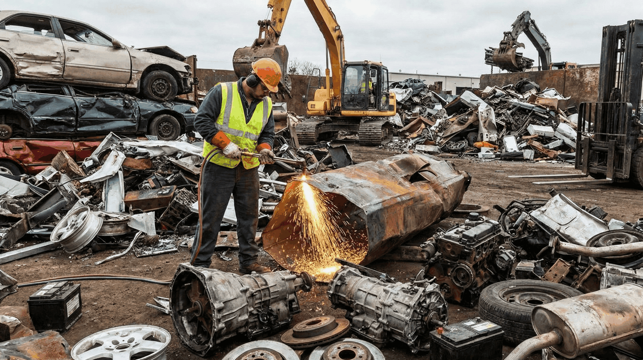 Worker cutting metal in a large junkyard with machinery and vehicle wrecks.
